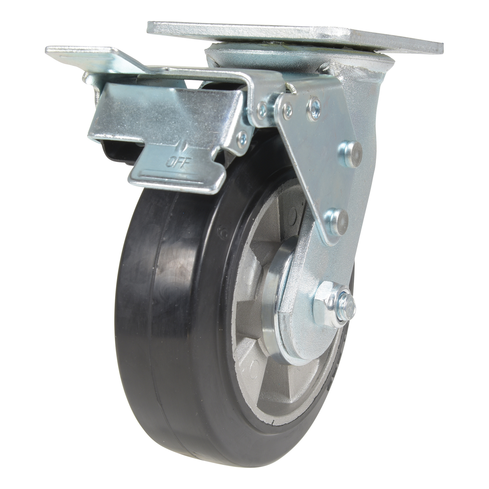 Vestil Rubber Swivel Caster with Total Brake - 6in. x 2in., 771-Lb. Capacity, Zinc Plated, Model# CST-VE-6X2MRA-SWTB